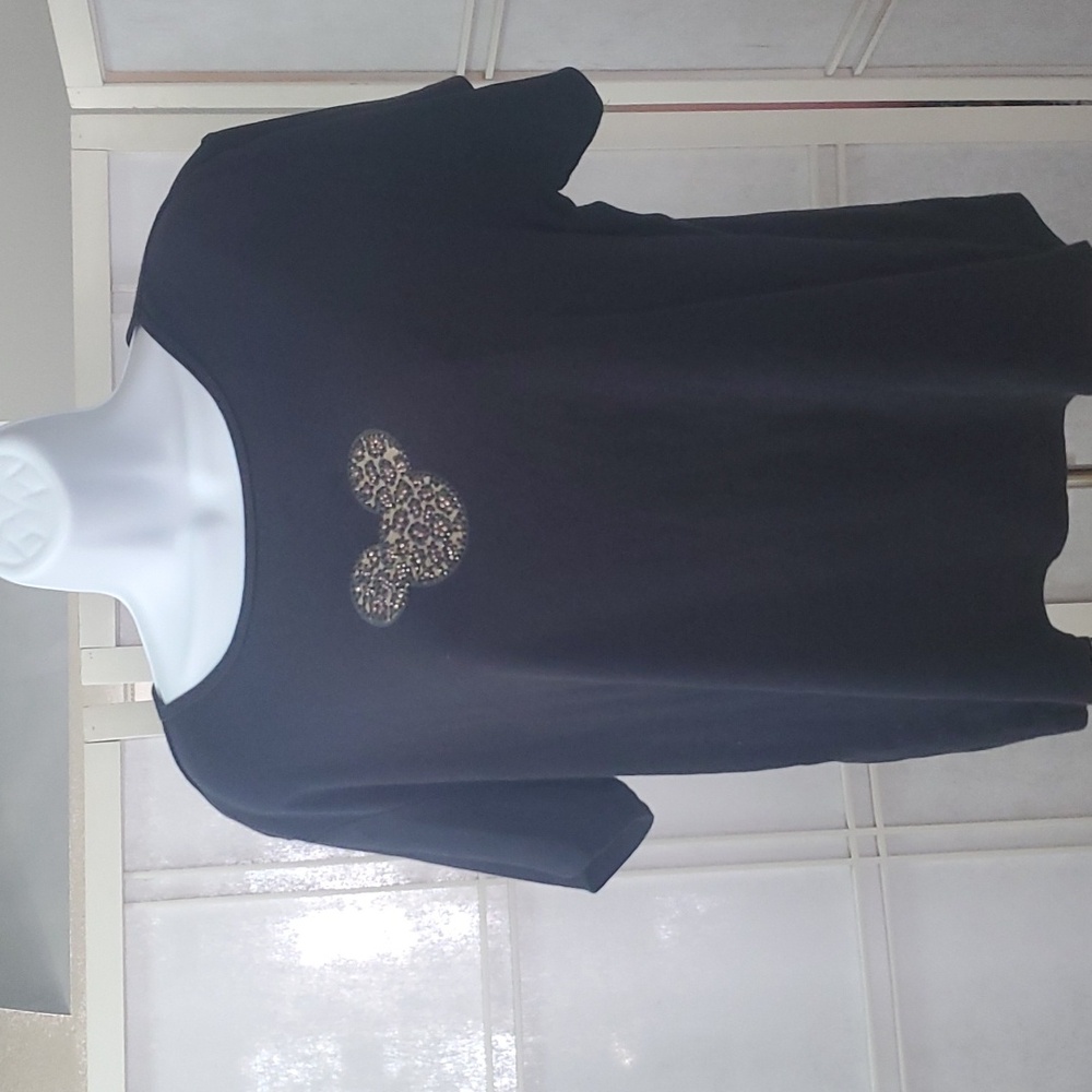 Mickey Mouse Lepard Print Rhinestone Embellished T-shirt Size L